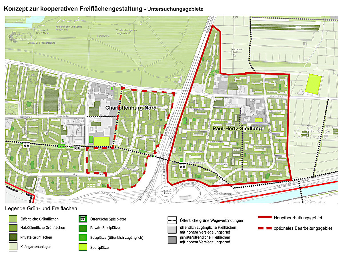 Karte Charlottenburg Nord mit Kennzeichnung von Untersuchungsgebiet und Freiflächentypen