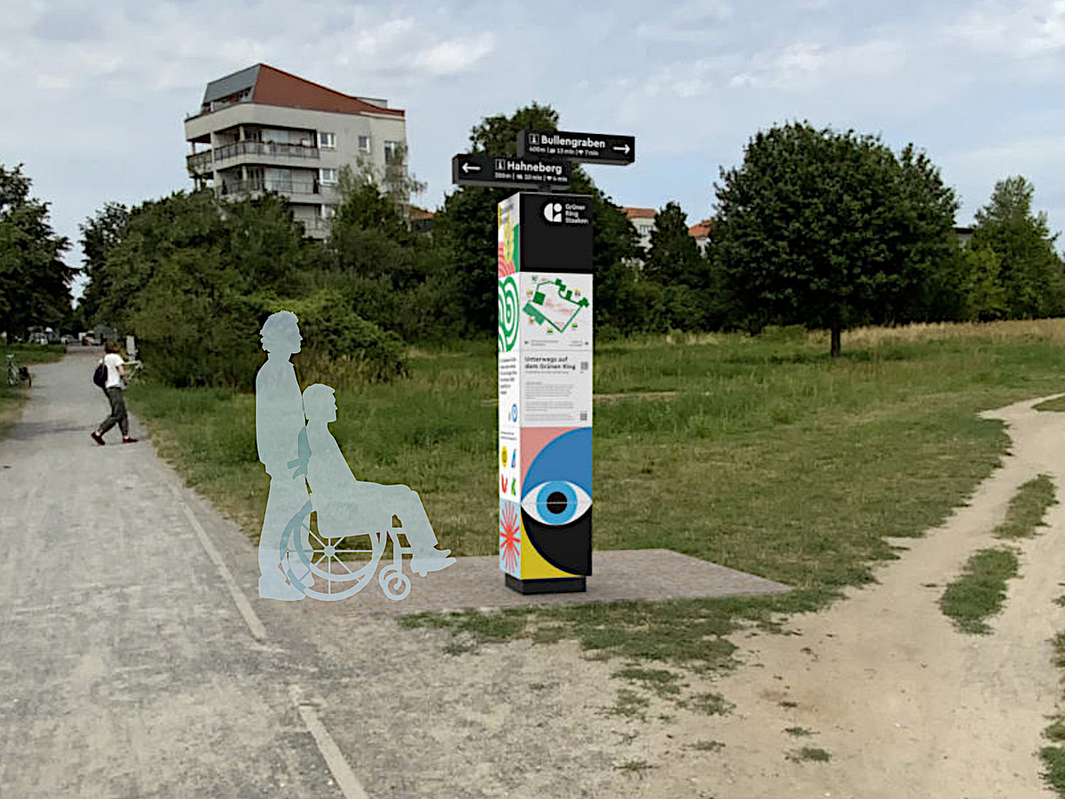 Fotocollage Abzweig zum Hahneberg mit Grafik einer bunten Infostele und Personen mit und ohne Rollstuhl als Schattenriss