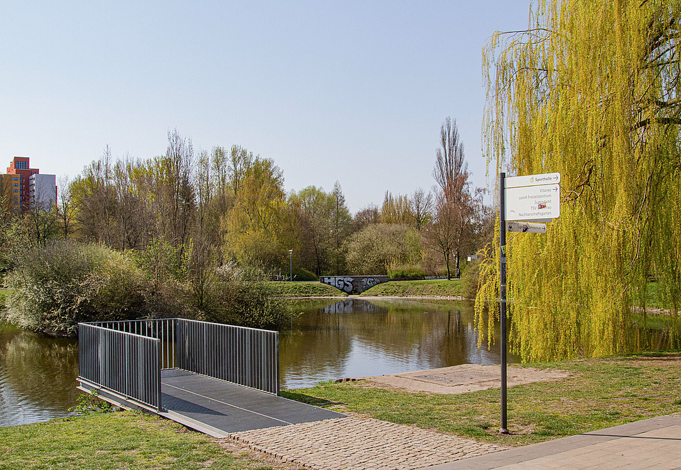 Park mit Weiden, Wasser, Steg als Aussichtsplattform und Wegweiser im Frühjahr